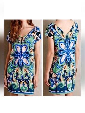 Anthropologie Maeve Dress Size L Folksong Green Bird Print Floral Shift Dress